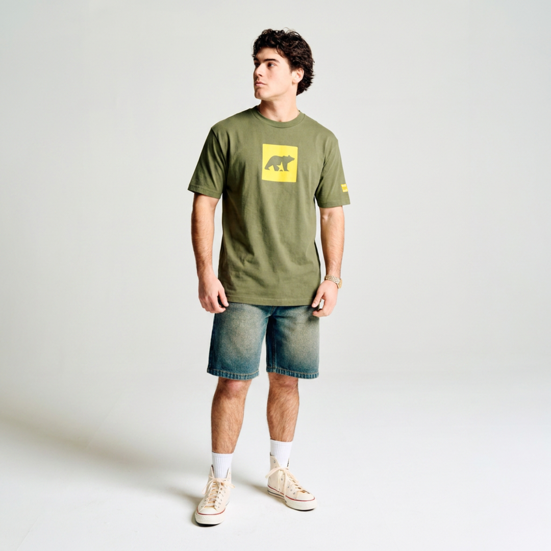 Square Bear Tee - Military Green